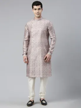 Pink Floral  Block Printed Angrakha Chanderi Silk Kurta Set
