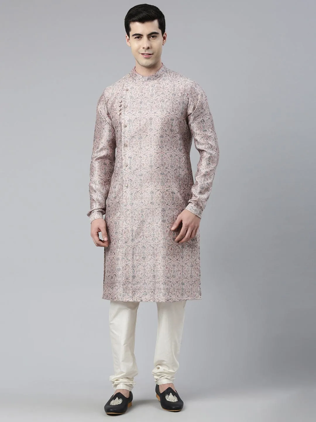 Pink Floral  Block Printed Angrakha Chanderi Silk Kurta Set
