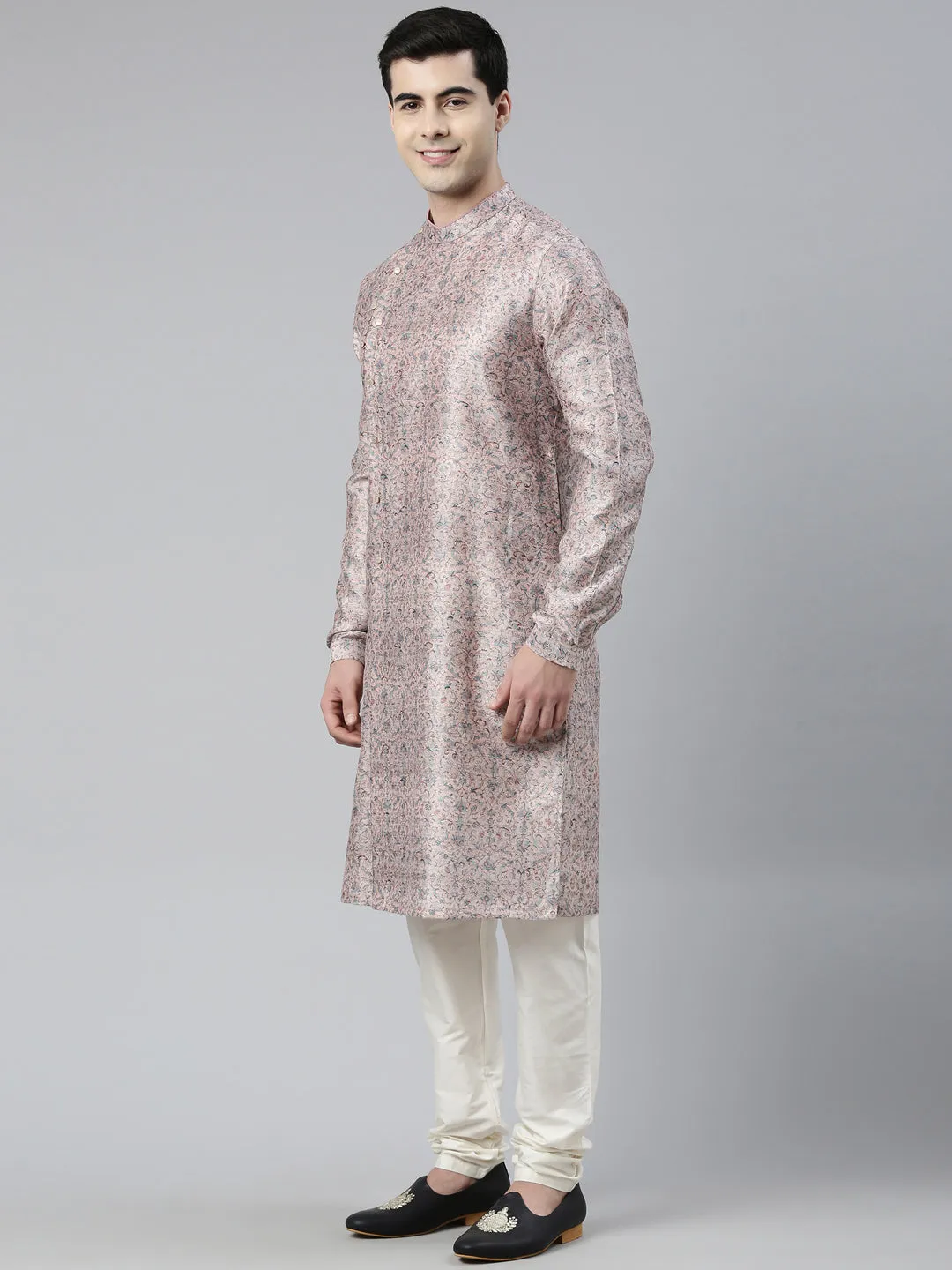Pink Floral  Block Printed Angrakha Chanderi Silk Kurta Set
