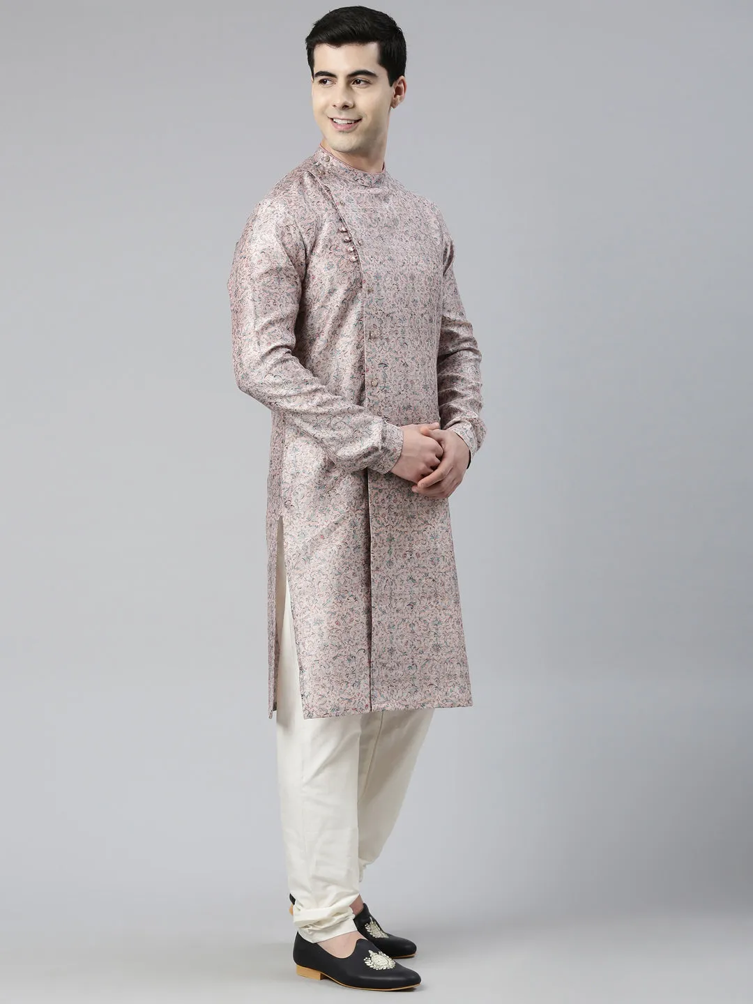 Pink Floral  Block Printed Angrakha Chanderi Silk Kurta Set