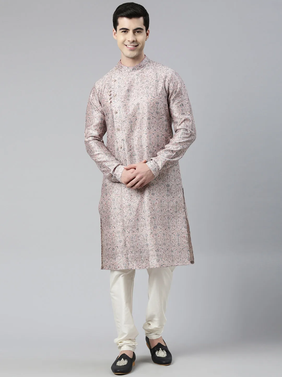 Pink Floral  Block Printed Angrakha Chanderi Silk Kurta Set