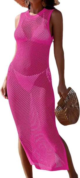 Pink Queen Women Swimsuit Cover Up Hollow Out Sleeveless Beach Maxi Dress Side Split Knit Bathing Suit Cover Up for Women