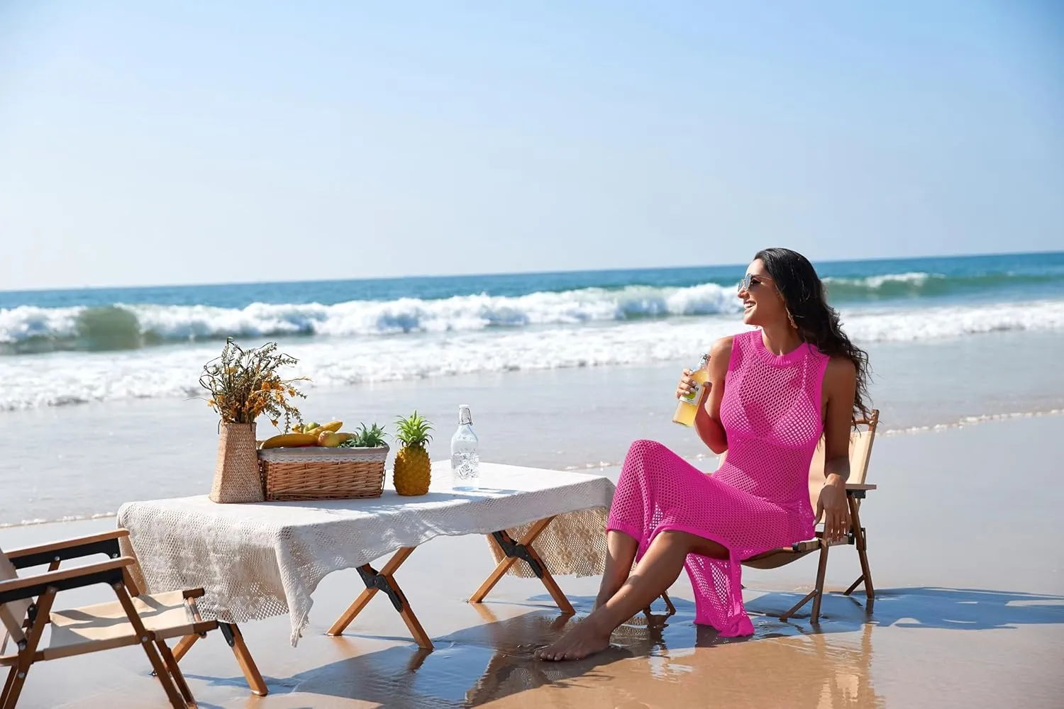 Pink Queen Women Swimsuit Cover Up Hollow Out Sleeveless Beach Maxi Dress Side Split Knit Bathing Suit Cover Up for Women
