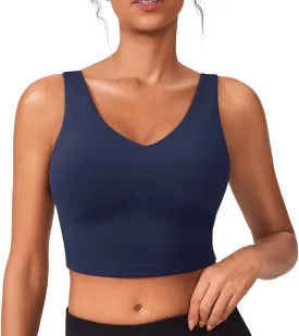 PINSPARK Sports Bras for Women Built in Bras Padded Yoga Bra V Neck Longline Workout Tank Tops with Removable Pads