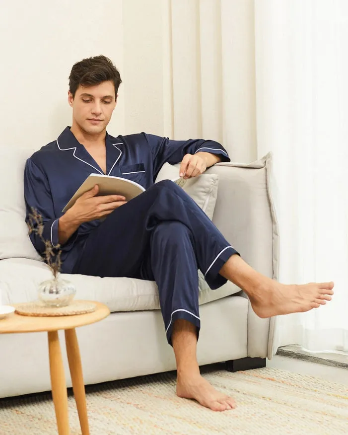 Piped Silk Pajamas - For Men Navy Blue