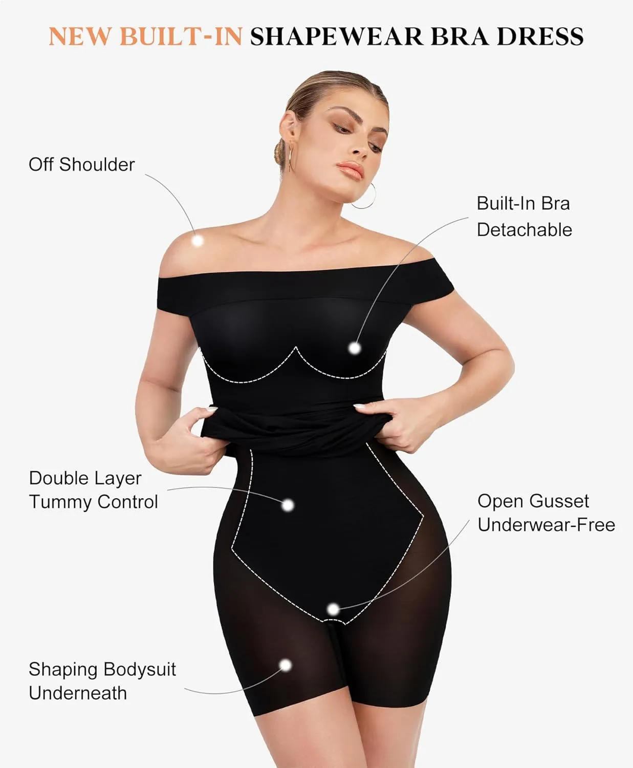 Popilush Shapewear Cocktail Dresses for Women Black Wedding Guest Off The Shoulder Short Sleeve Party Bodycon Midi Dress