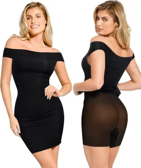 Popilush Shapewear Cocktail Dresses for Women Black Wedding Guest Off The Shoulder Short Sleeve Party Bodycon Midi Dress