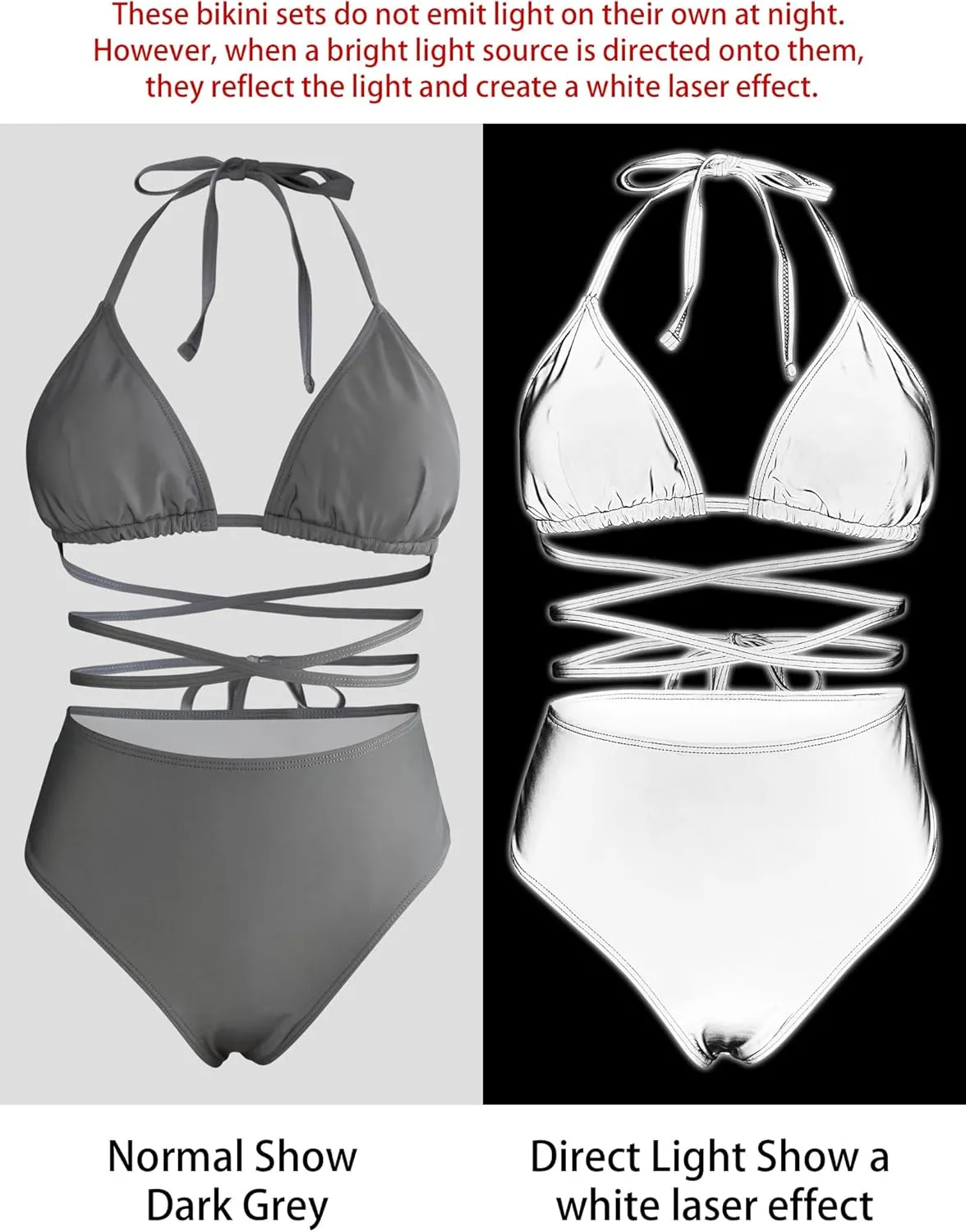 Reflective Rave Outfits for Women - Sexy Festival Halter Triangle Top High Waist Thong EDM Night Metallic Bikini Set