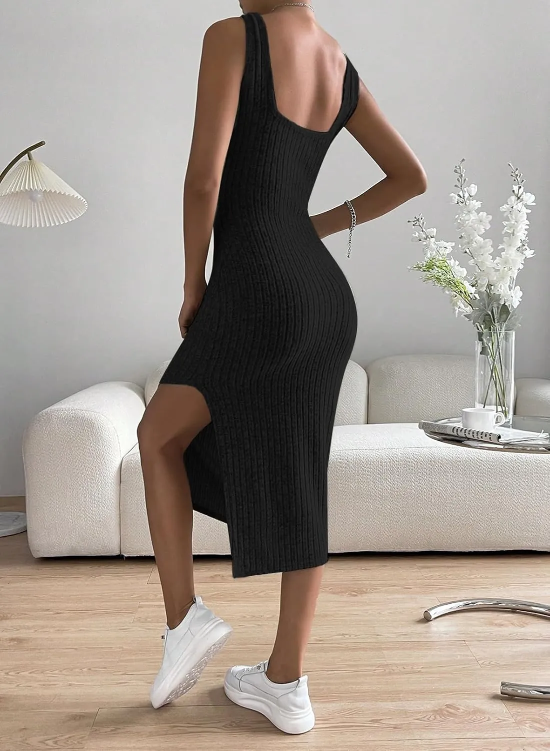 Samefar Womens Summer Square Neck Dress Sleeveless Bodycon Dresses Side Slit Midi Tank Sundresses Cocktail Dresses