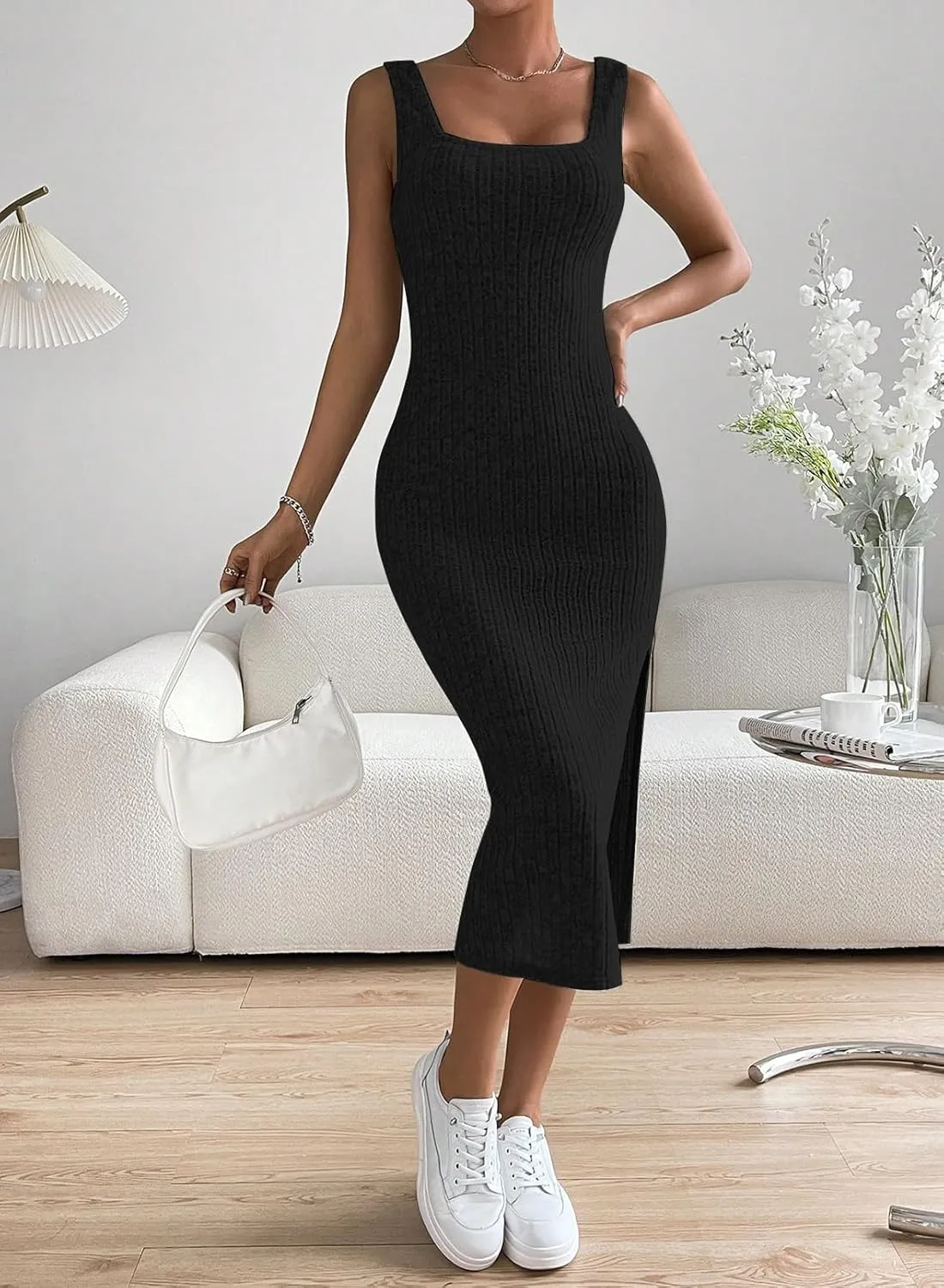 Samefar Womens Summer Square Neck Dress Sleeveless Bodycon Dresses Side Slit Midi Tank Sundresses Cocktail Dresses