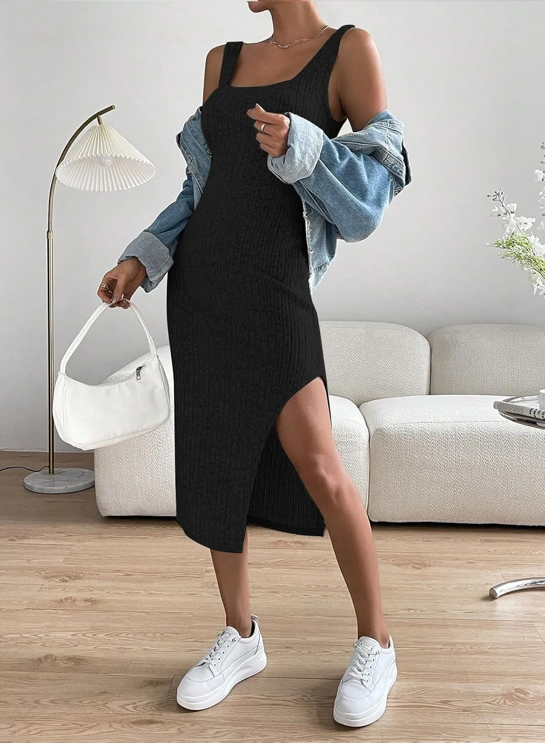 Samefar Womens Summer Square Neck Dress Sleeveless Bodycon Dresses Side Slit Midi Tank Sundresses Cocktail Dresses