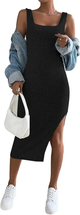 Samefar Womens Summer Square Neck Dress Sleeveless Bodycon Dresses Side Slit Midi Tank Sundresses Cocktail Dresses