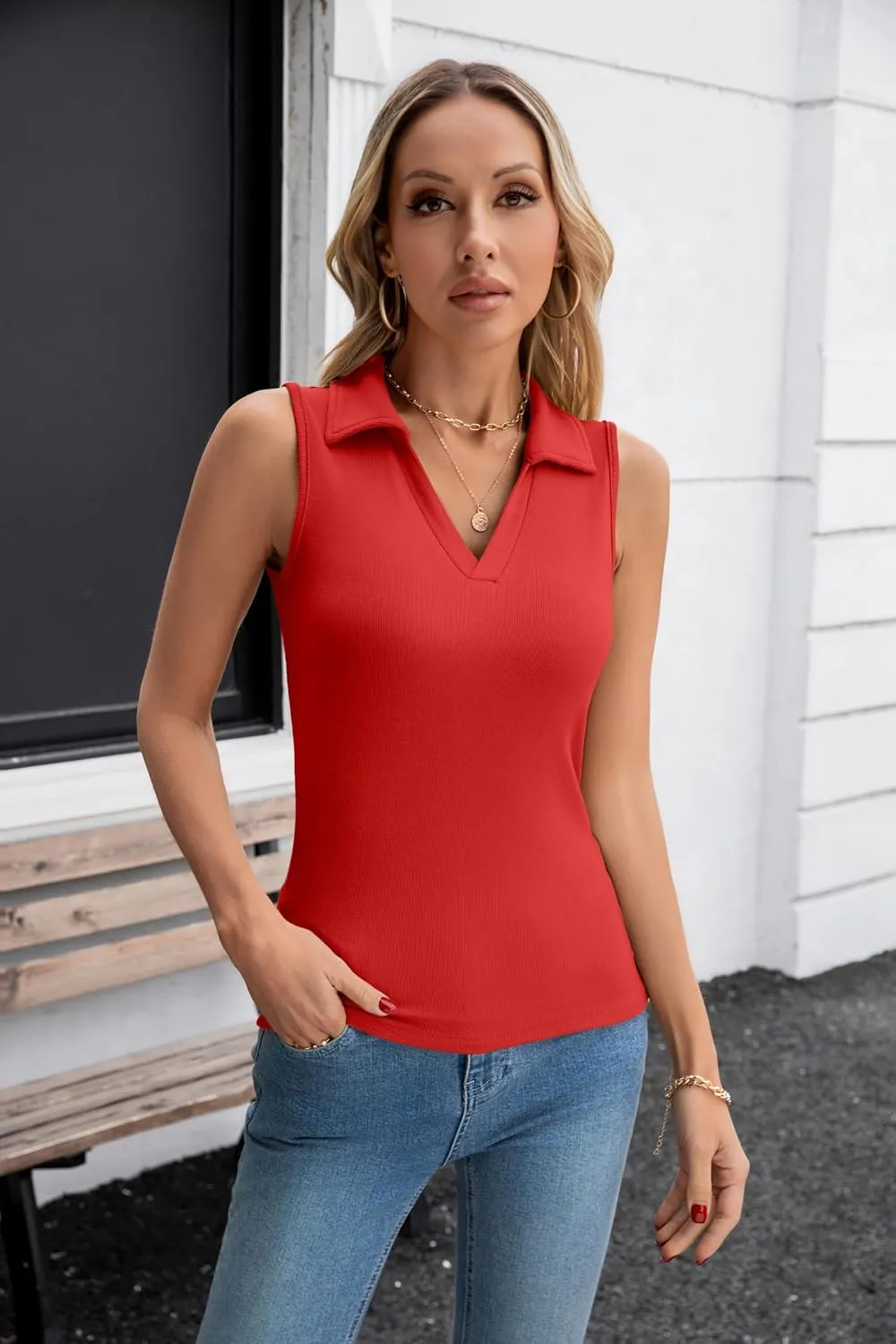 SANDERY Womens Ribbed Tank Top Sleeveless Tops Collared V Neck Polo Shirts Slim Fit Knit Basic Going Out Tops 2025