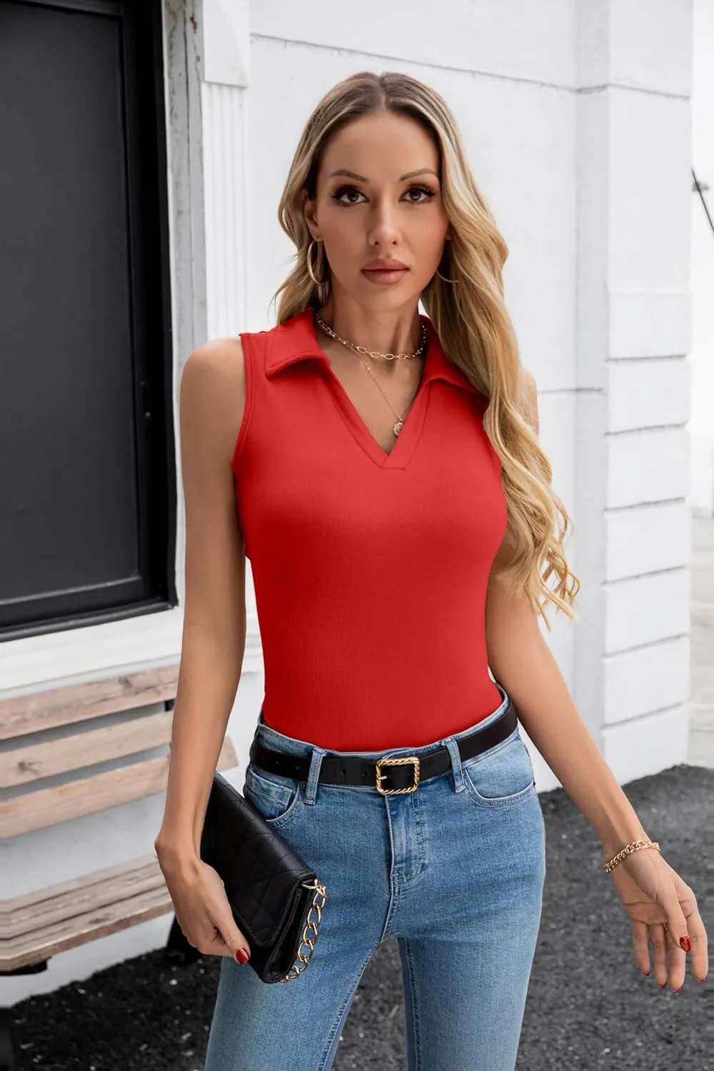 SANDERY Womens Ribbed Tank Top Sleeveless Tops Collared V Neck Polo Shirts Slim Fit Knit Basic Going Out Tops 2025