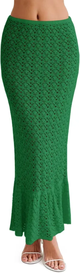 Saodimallsu Womens Crochet Cover Up Skirt High Waisted Sheer Knit Summer Swimsuit Coverup Beach Fishtail Maxi Skirts