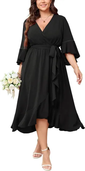 SCOMCHIC Womens Plus Size Wedding Guest Dress Fall 3/4 Sleeve Wrap V Neck High Low Ruffle Hem Maxi Cocktail Formal Dresses