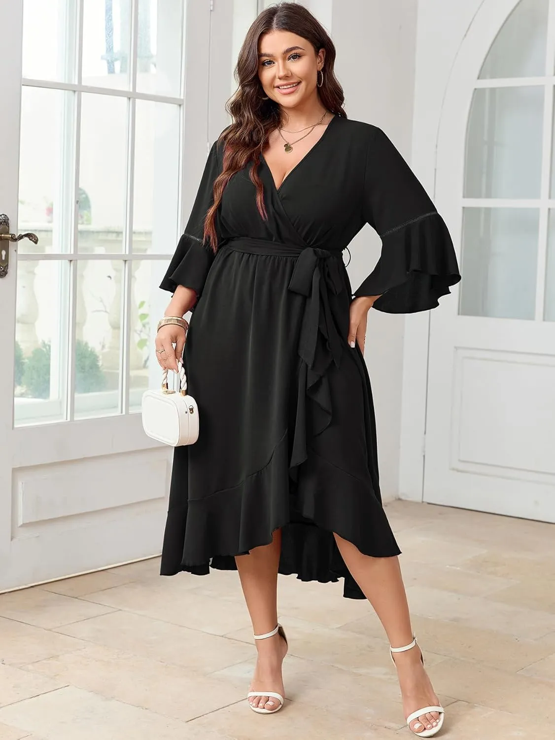 SCOMCHIC Womens Plus Size Wedding Guest Dress Fall 3/4 Sleeve Wrap V Neck High Low Ruffle Hem Maxi Cocktail Formal Dresses