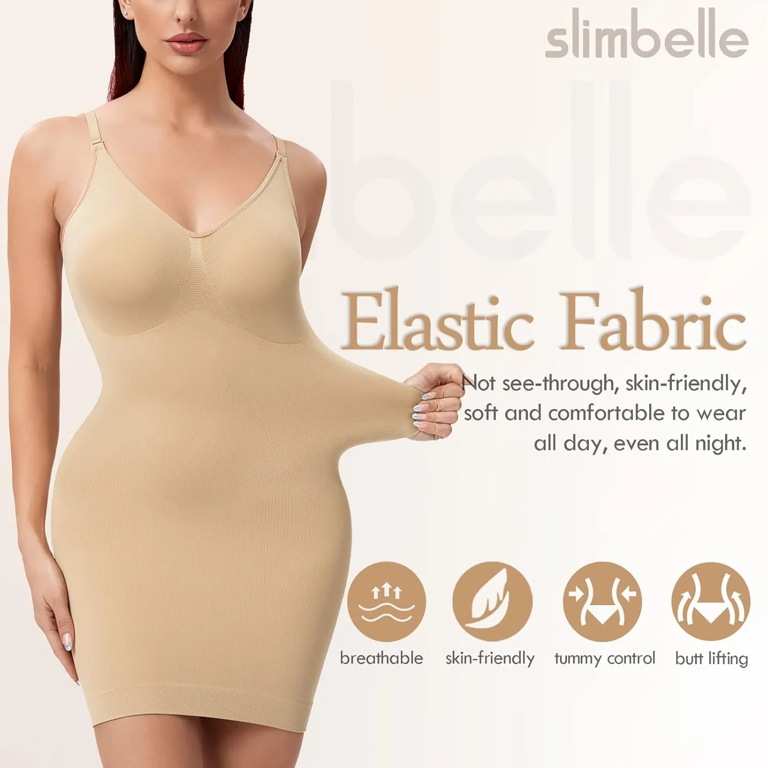 SLIMBELLE Womens Full Slip Shapewear for Under Dresses Seamless Body Control Long Tube Slip Shaper V Neck