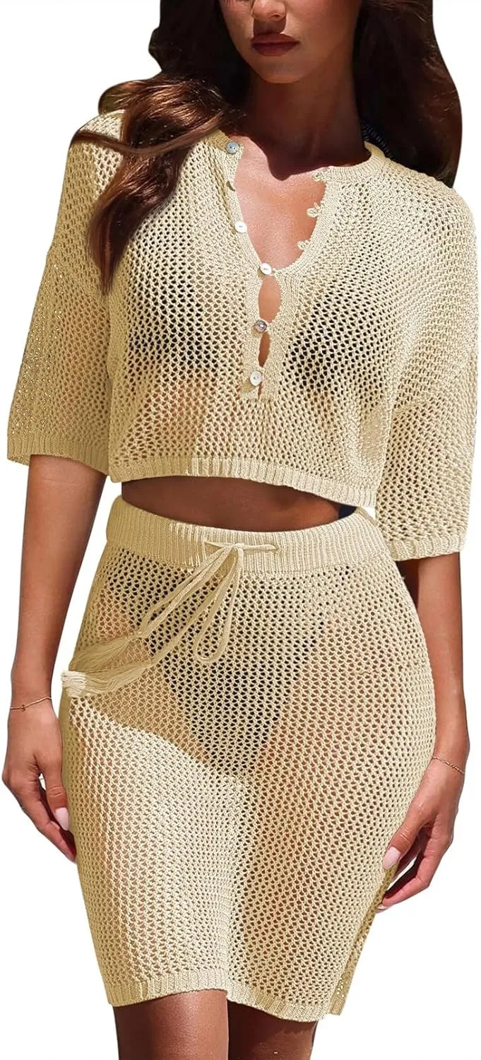 Sovoyontee Women's 2 Piece Swimsuit Coverup Crochet Hollow Out Bathing Suit Swim Beach Cover Up Crop Top Skirt Sets