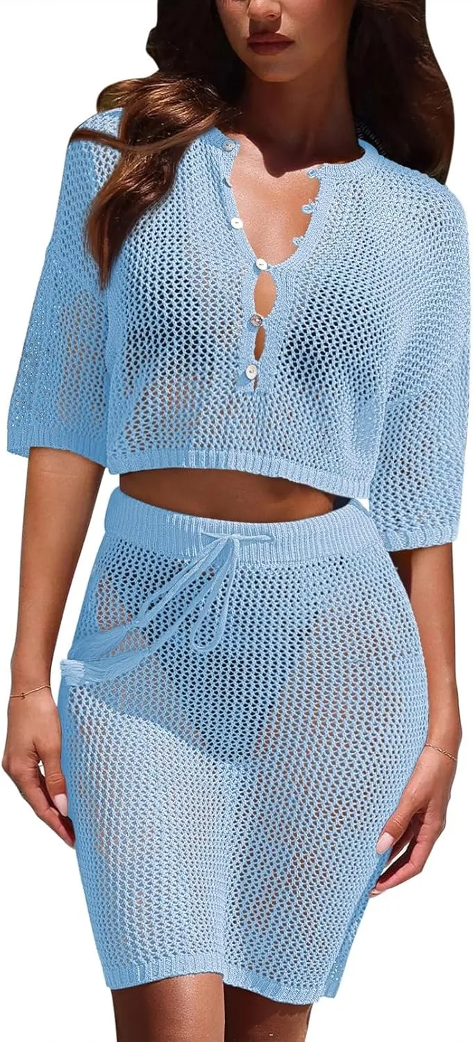 Sovoyontee Women's 2 Piece Swimsuit Coverup Crochet Hollow Out Bathing Suit Swim Beach Cover Up Crop Top Skirt Sets