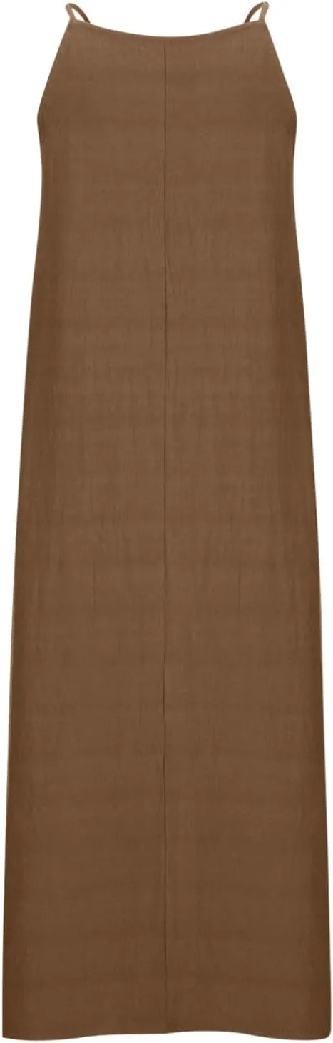 Spaghetti Strap Maxi Dresses for Women Solid Cotton Linen Elegant Slim Sundress Office Work Comfy Basic Long Dress