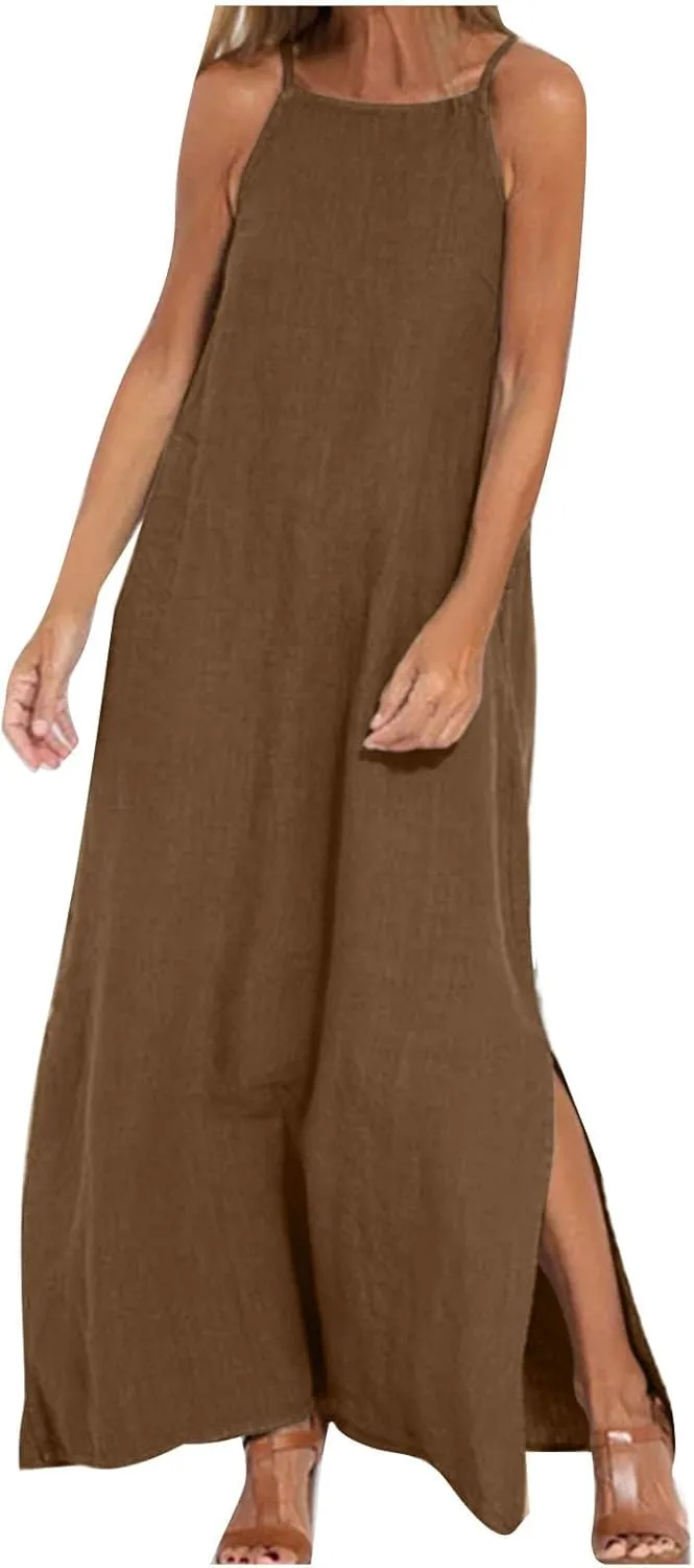Spaghetti Strap Maxi Dresses for Women Solid Cotton Linen Elegant Slim Sundress Office Work Comfy Basic Long Dress