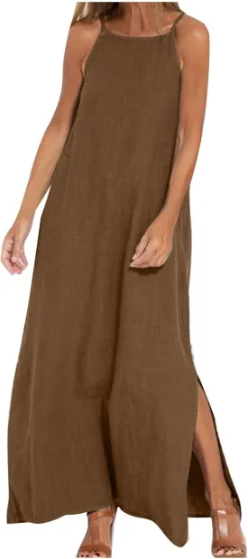 Spaghetti Strap Maxi Dresses for Women Solid Cotton Linen Elegant Slim Sundress Office Work Comfy Basic Long Dress