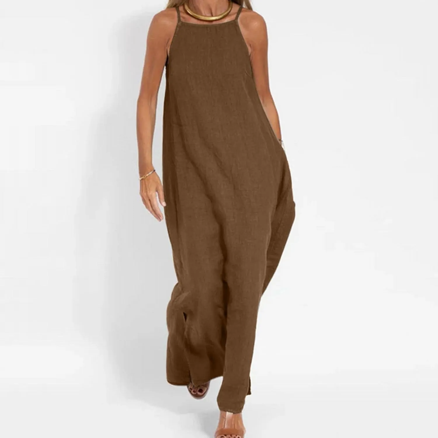 Spaghetti Strap Maxi Dresses for Women Solid Cotton Linen Elegant Slim Sundress Office Work Comfy Basic Long Dress