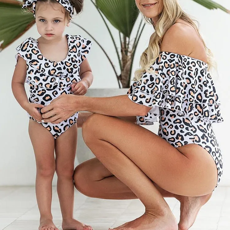 Swimsuit One Piece Mother Daughter Swimsuit New Family Matching Bathing Suit Ruffle Leopard Swimwear Women Kids