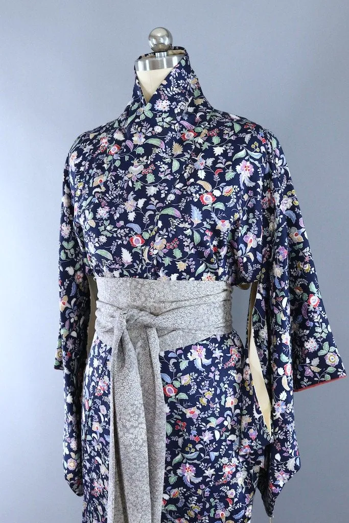 Vintage Blue & Purple Floral Print Silk Kimono Robe