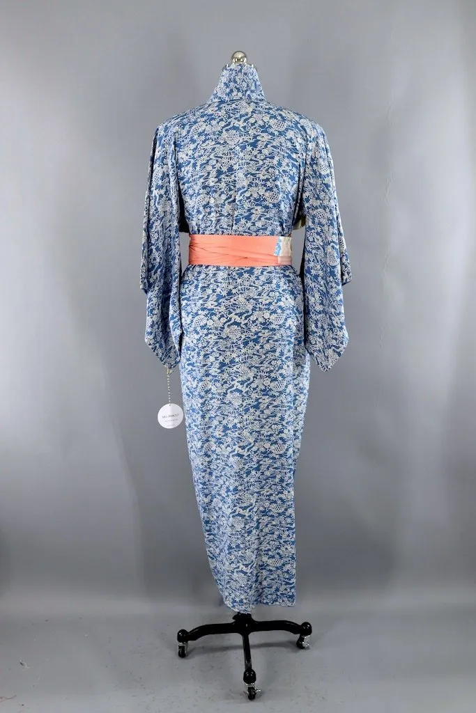Vintage Blue and Ivory Silk Kimono Robe