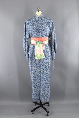 Vintage Blue and Ivory Silk Kimono Robe