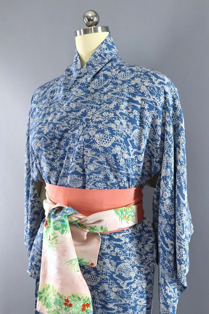 Vintage Blue and Ivory Silk Kimono Robe