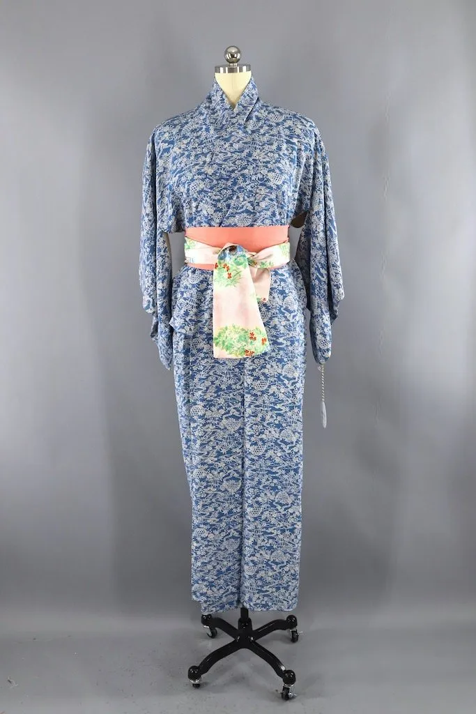 Vintage Blue and Ivory Silk Kimono Robe