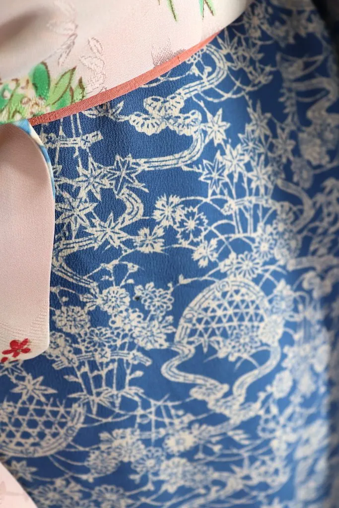 Vintage Blue and Ivory Silk Kimono Robe