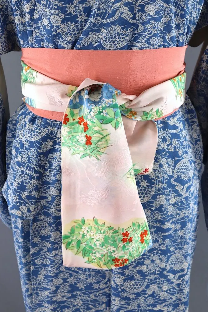 Vintage Blue and Ivory Silk Kimono Robe