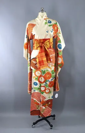 Vintage Ivory & Orange Silk Kimono Furisode