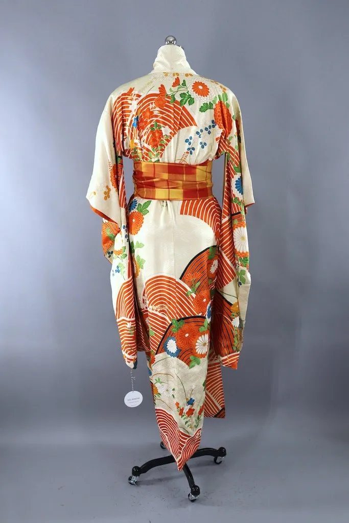 Vintage Ivory & Orange Silk Kimono Furisode
