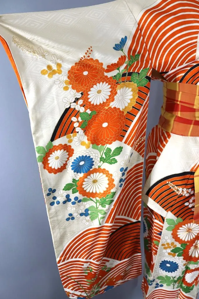 Vintage Ivory & Orange Silk Kimono Furisode