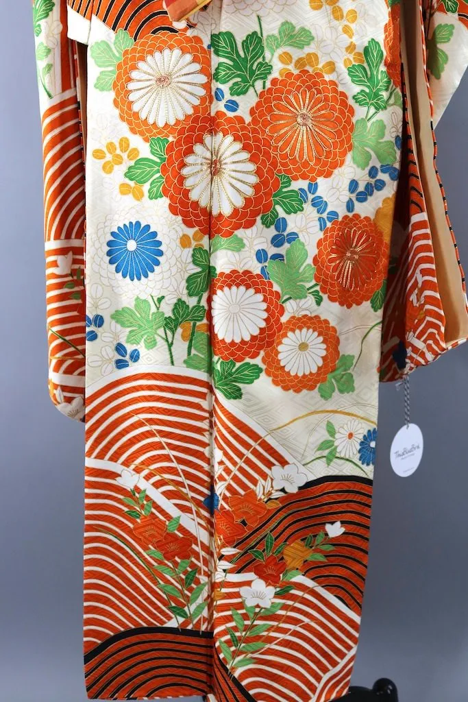 Vintage Ivory & Orange Silk Kimono Furisode