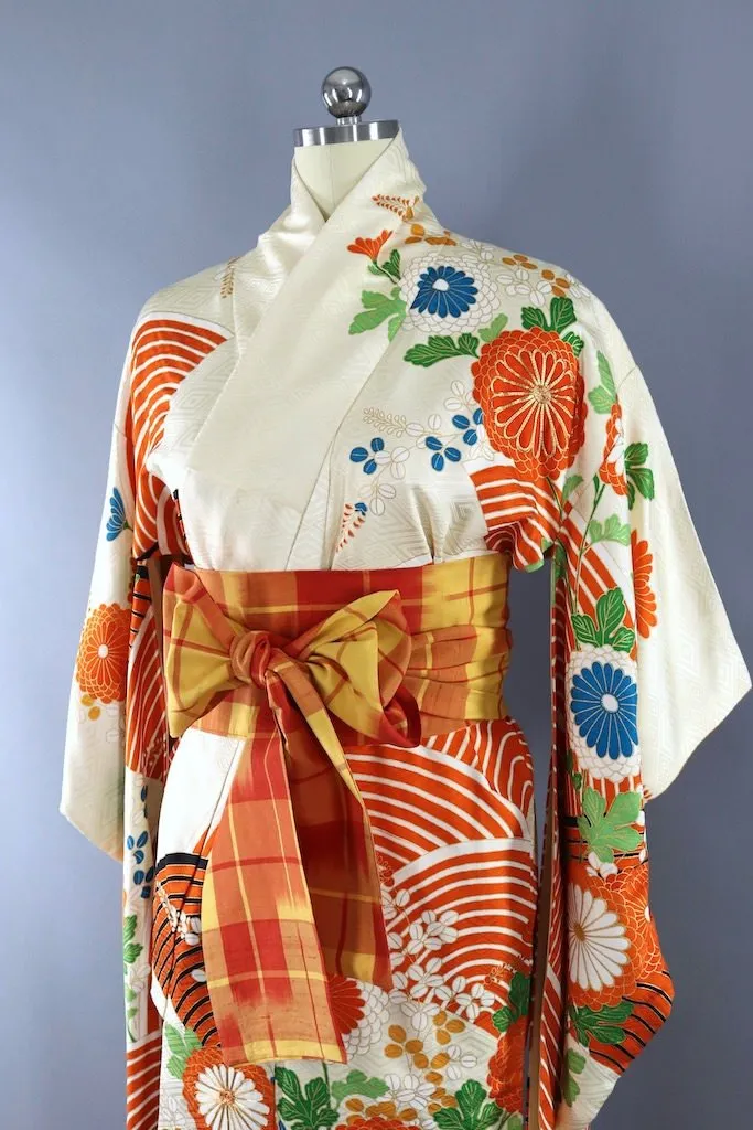 Vintage Ivory & Orange Silk Kimono Furisode