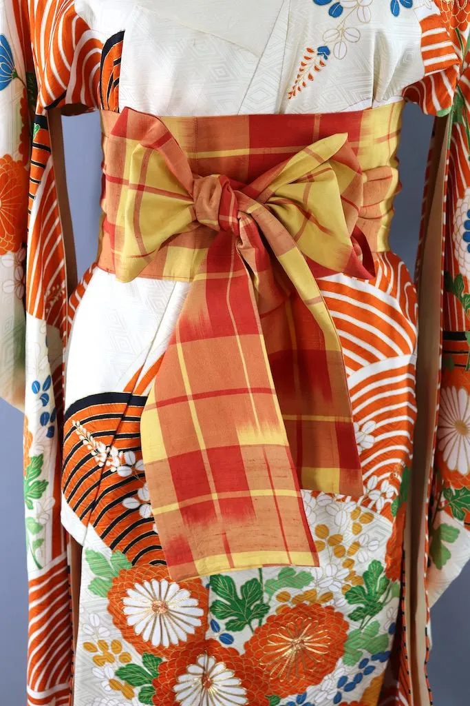 Vintage Ivory & Orange Silk Kimono Furisode