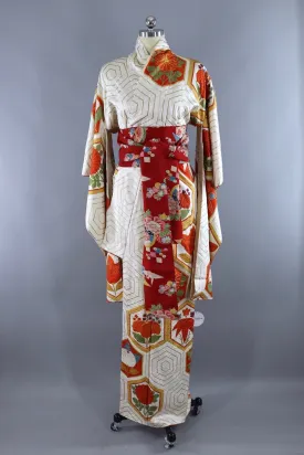 Vintage Silk Kimono Robe / Ivory and Orange Furisode