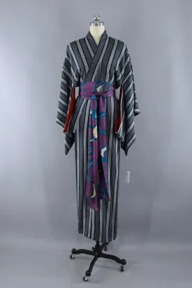 Vintage Silk Kimono Robe / Teal Green Stripes