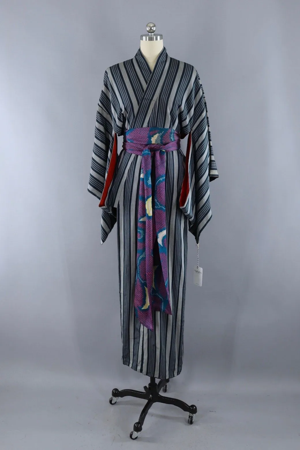 Vintage Silk Kimono Robe / Teal Green Stripes