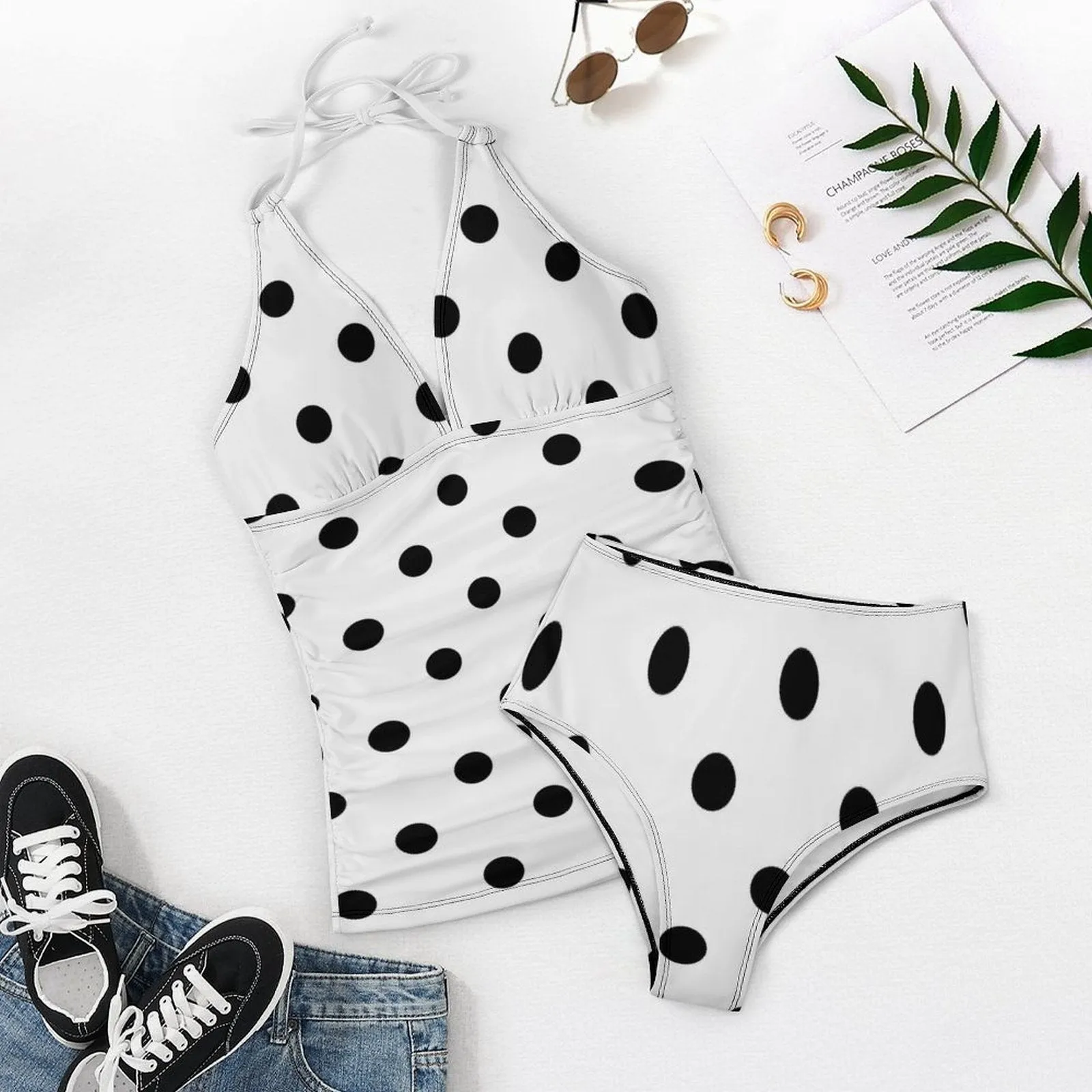 White With Black Polka Dots Women's Split Swimsuit