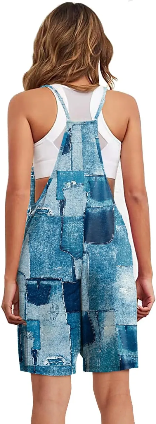 Women Casual Jumpsuits Summer Sleeveless Romper Shoulder Strap Loose Adjustable Stretchy Shorts Rompers with Pockets