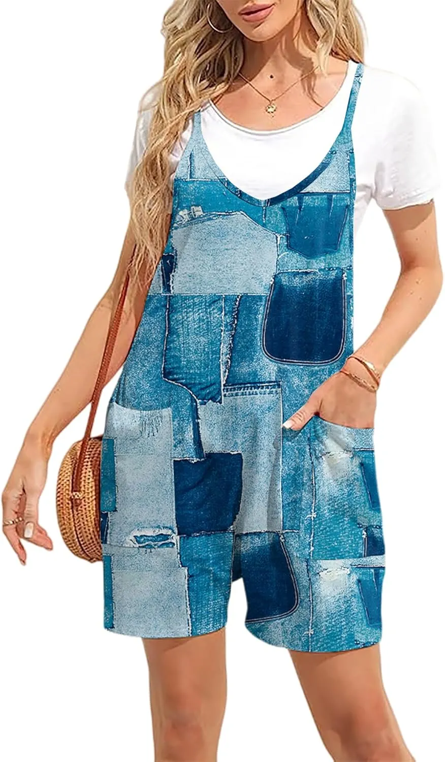 Women Casual Jumpsuits Summer Sleeveless Romper Shoulder Strap Loose Adjustable Stretchy Shorts Rompers with Pockets