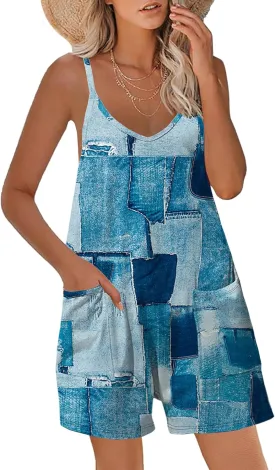 Women Casual Jumpsuits Summer Sleeveless Romper Shoulder Strap Loose Adjustable Stretchy Shorts Rompers with Pockets