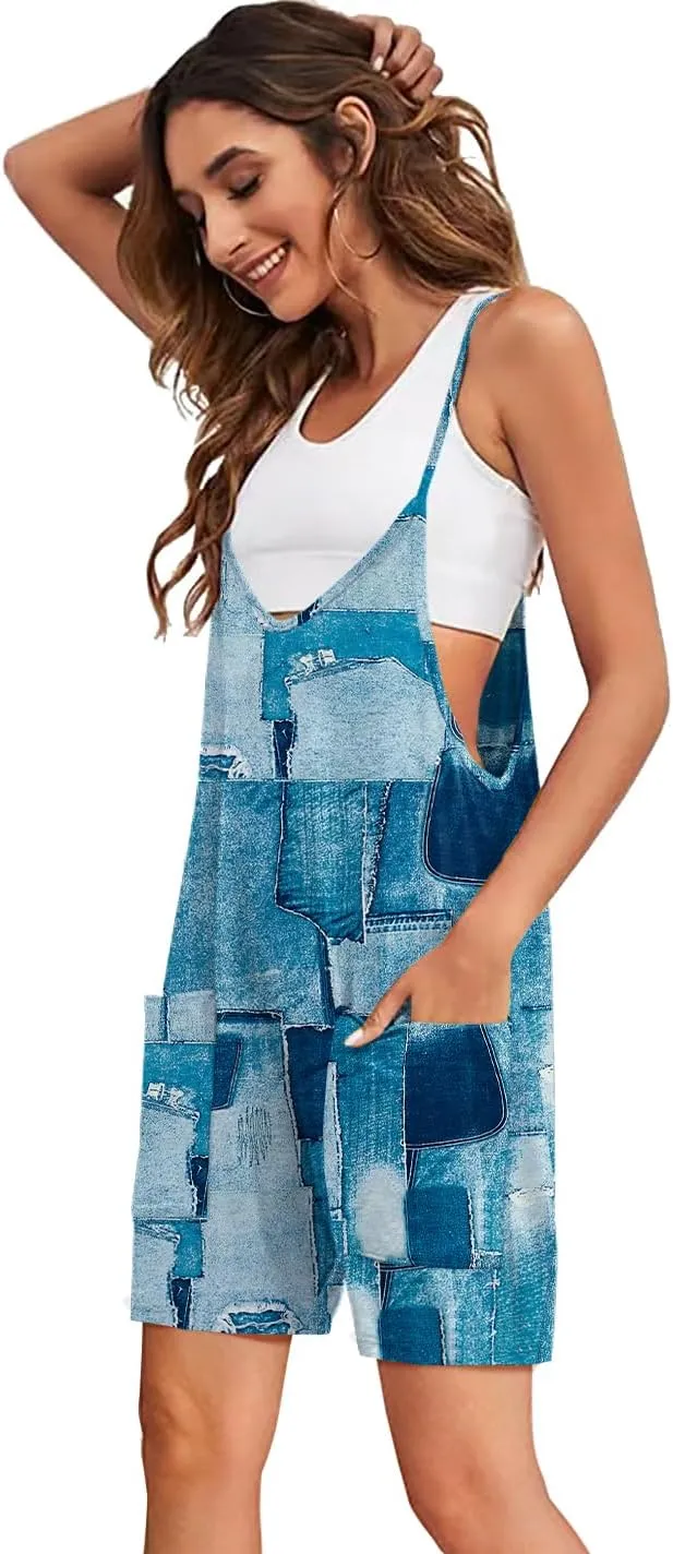 Women Casual Jumpsuits Summer Sleeveless Romper Shoulder Strap Loose Adjustable Stretchy Shorts Rompers with Pockets